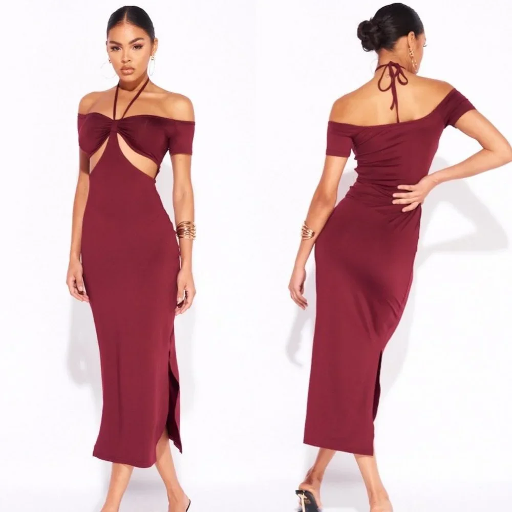 Burgundy Halter Neck Off Shoulder Short Sleeve Slit Cutout Bodycon Midi Dress - Picture 1 of 13